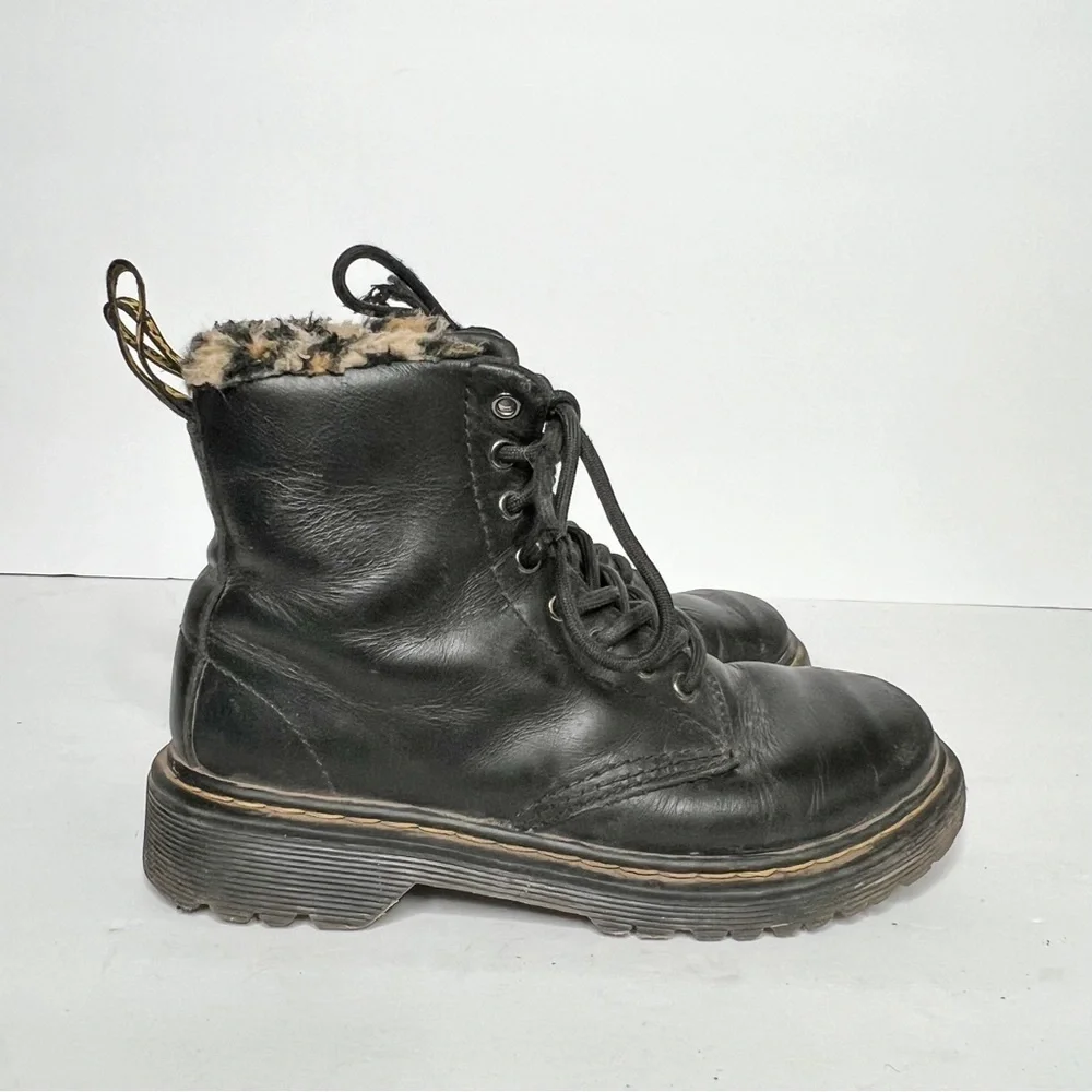 Dr. Martens 1460 Serena Leo Leopard Print Fur Trim Black Leather Combat Boots
